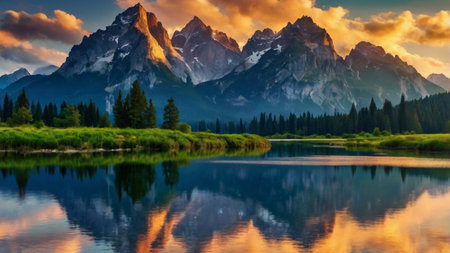 Mountain lake at sunset. Grand Teton National Park, Wyoming, USAの写真素材