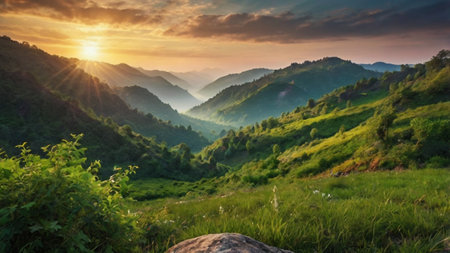 Mountain landscape at sunset. Panoramic view of the mountains.の写真素材