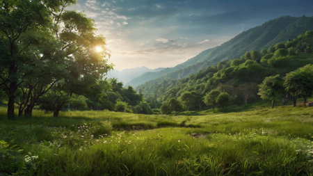 Mountain landscape with green meadow and forest in the morning.の写真素材