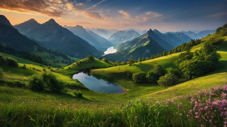 Panoramic view of alpine meadow and mountain lake at sunsetの写真素材