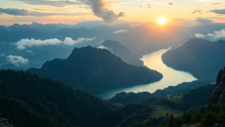Sunset over Lake Lucerne in the Alps, Italyの写真素材