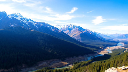Panoramic view of mountains and river in Canadian Rockies, Alberta, Canadaの写真素材