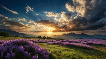 Beautiful sunset in the mountains with purple lupine flowers.の写真素材