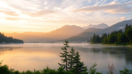 Mountain lake in the morning with fog and coniferous forestの写真素材