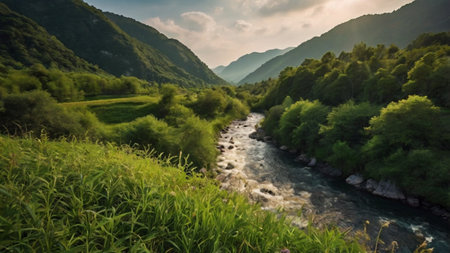 Mountain river in the highlands of the Caucasus, Russia.の写真素材