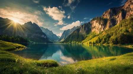 Panoramic view of Karagol (Black lake) in the Alps, Italyの写真素材