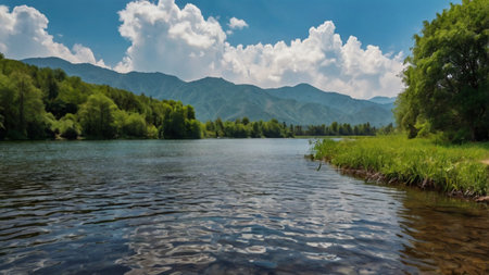 Panoramic view of the mountain lake in a sunny summer day