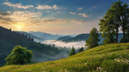 Beautiful summer landscape with morning fog in the Carpathian mountainsの写真素材