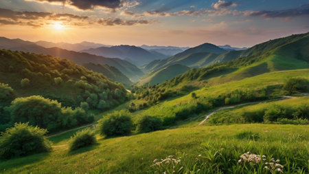 Mountain landscape at sunset. Panoramic view of the green hillsの写真素材