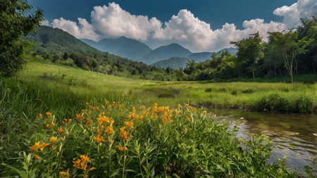 Landscape of meadow and mountain with yellow flowers in the morningの写真素材