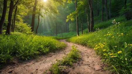 Sunset in the green forest. Panoramic view of a forest path.の写真素材