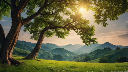 beautiful summer landscape with green meadow and big oak tree.