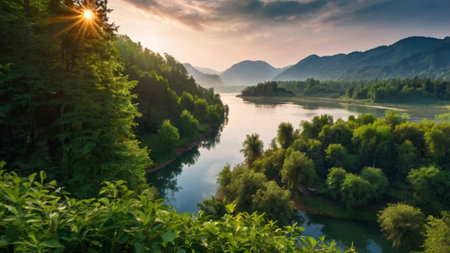 Beautiful landscape with river and mountains at sunset. Nature composition.の写真素材
