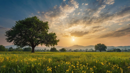 Sunset in the rice field with big tree and yellow flowers.の写真素材