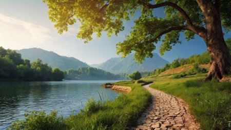 Beautiful summer landscape with mountain lake and trees. Panoramic view