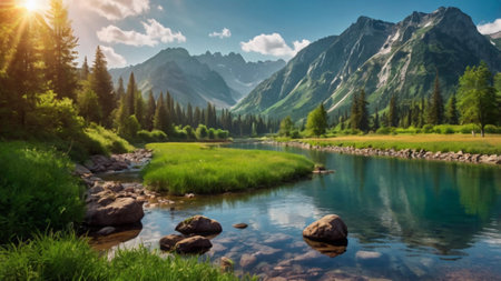 Panoramic view of the mountain river in the highlands of the Altai Republic.の写真素材
