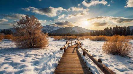 Wooden walkway in the mountains at sunset. Beautiful winter landscape.の写真素材