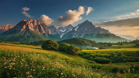 Sunset over the mountain lake. Beautiful summer landscape in mountains.