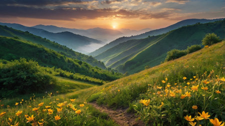 Majestic sunset in the mountains landscape. Carpathian, Ukraine, Europe. Beauty world.の写真素材