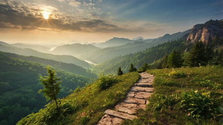 Panoramic view of the mountains at sunset. Beautiful summer landscape.の写真素材