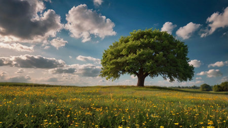 Tree in a meadow with yellow dandelions and blue sky