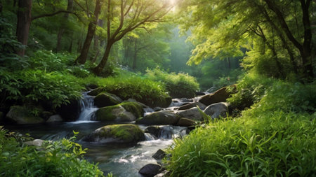 Stream in deep forest at summer. Nature landscape background. Green forest.