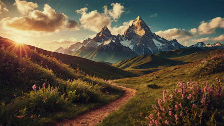 Beautiful summer landscape with mountains and meadow. Panoramic view.