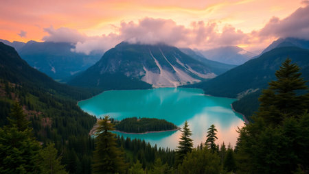 Beautiful turquoise lake in the mountains at sunset, Canada