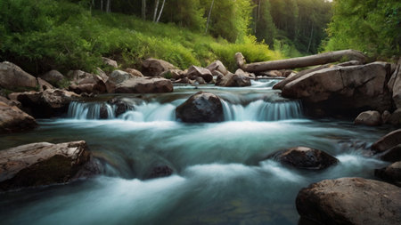 Long exposure of a mountain river flowing through a forest in summer.