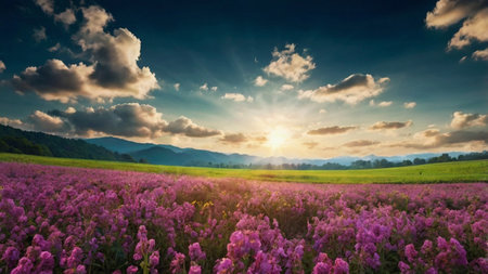 Beautiful summer landscape with purple flowers and blue sky with clouds.の写真素材