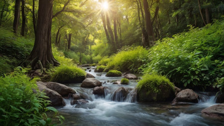 Fantastic sunset over the mountain river. Colorful summer landscape