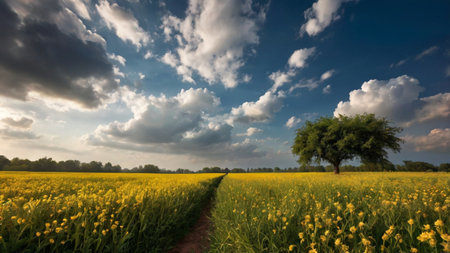 Beautiful spring landscape with blooming rapeseed field and blue sky