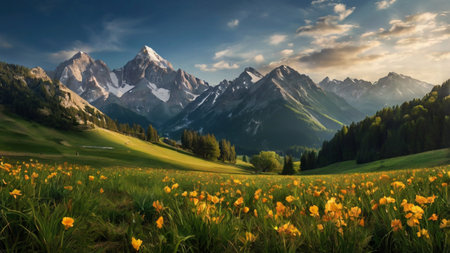 panoramic view of alpine meadow with yellow flowers and snow-capped mountainsの写真素材