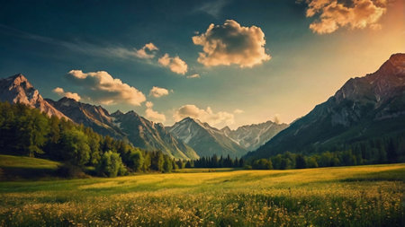 panoramic view of alpine meadow and mountains at sunsetの写真素材