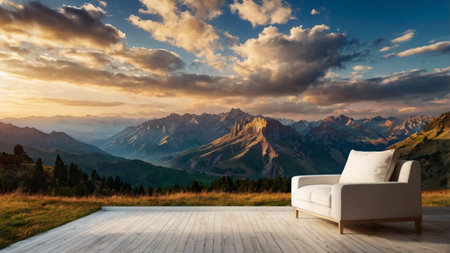 Comfortable white armchair on the wooden terrace against the backdrop of mountains