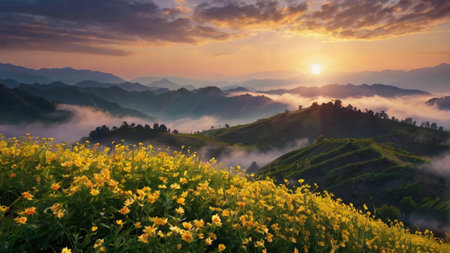 Sunrise on the mountain with yellow flower at Doi Mae Salong, Chiang Rai, Thailandの写真素材
