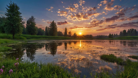 Sunset over the river. Beautiful summer landscape. Panorama.の写真素材