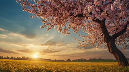 Cherry blossoms on a field at sunset. Spring landscape.の写真素材
