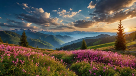 Panoramic view of the alpine meadow with pink flowers. Dramatic sunset sky. Carpathian, Ukraine, Europe. Beauty world.の写真素材