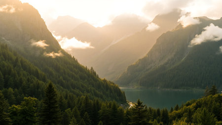 Sunset at the lake in the mountains. Landscape of mountain lake.の写真素材