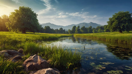 Beautiful summer landscape with river and green grass in the meadowの写真素材