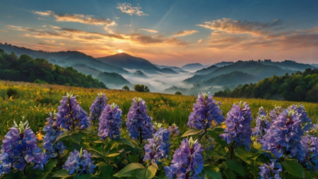 Beautiful summer landscape with blooming lupine flowers in the mountains.の写真素材