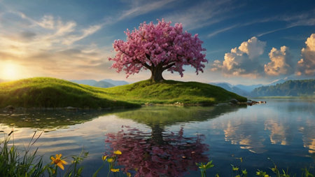 Beautiful spring landscape with blooming tree and lake. 3d renderの写真素材