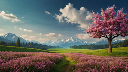 Beautiful spring landscape with blooming meadow, mountains and pink flowers