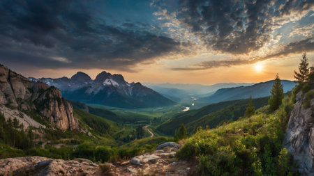 Panoramic view of Dolomites mountains in Italy at sunsetの写真素材