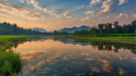 Sunset over the rice field with reflection in the lake and mountain backgroundの写真素材