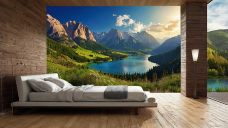 Modern bright interiors. 3d rendered computer generated image of mountain lake