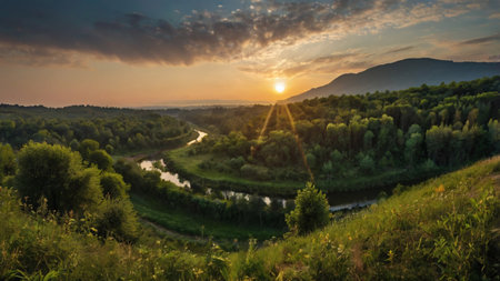 Beautiful sunset over the river. Beautiful summer landscape in the mountains.の写真素材