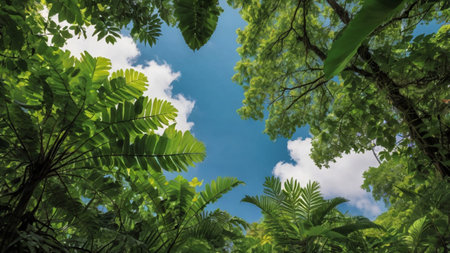 Green leaves and blue sky with cloud in the jungle, nature backgroundの写真素材