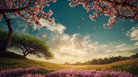 Beautiful spring landscape with blooming cherry trees in the field.の写真素材